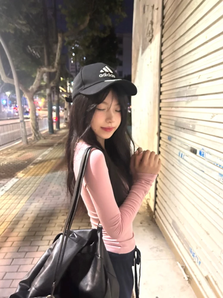 American Sle Sexy Girl V-ne Pink Long Sve T-irt Women's Autumn Elastic Slimming Sexy Underwear Base Top