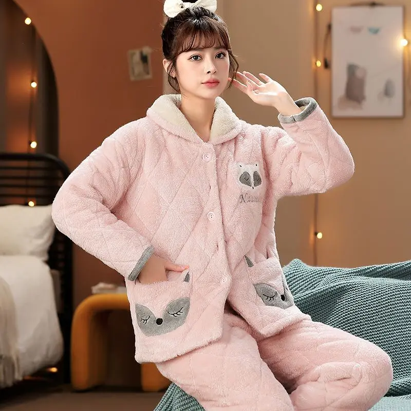 2023 Winter New Women Pajamas Coral Fleece Quilted Suit Loose Thickened Cotton Outcoat Fashion Casual Homewear Warm Outwear