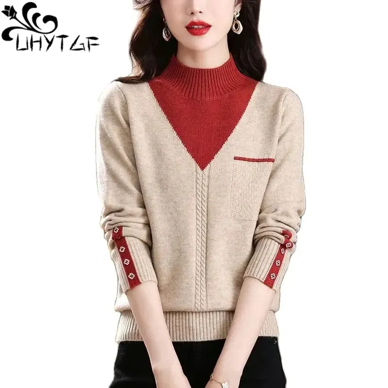 

Women Sweater Splice Half turtleneck Fake Two Pieces Knitwear Female Top Long Sleeve Pullover Autumn Winter Cashmere Sweater2397