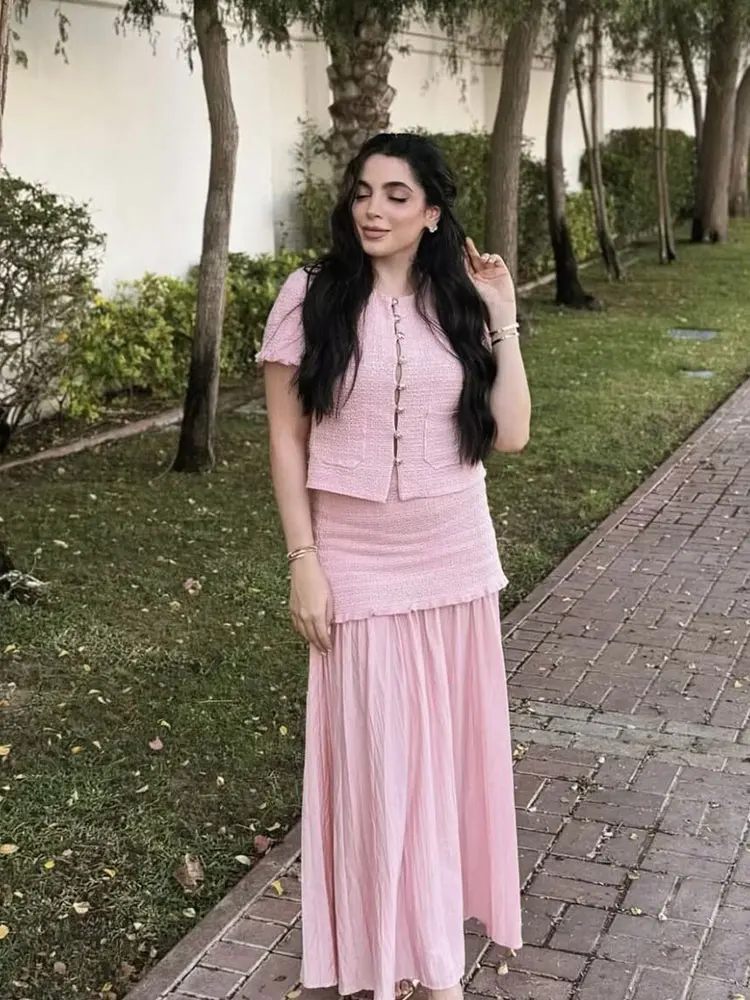 HH Women Elegant Solid Knitted Skirts Set O Neck Single Breasted Short Sleeve T-Shirt Tops Patchwork Skirt Office Lady Suits