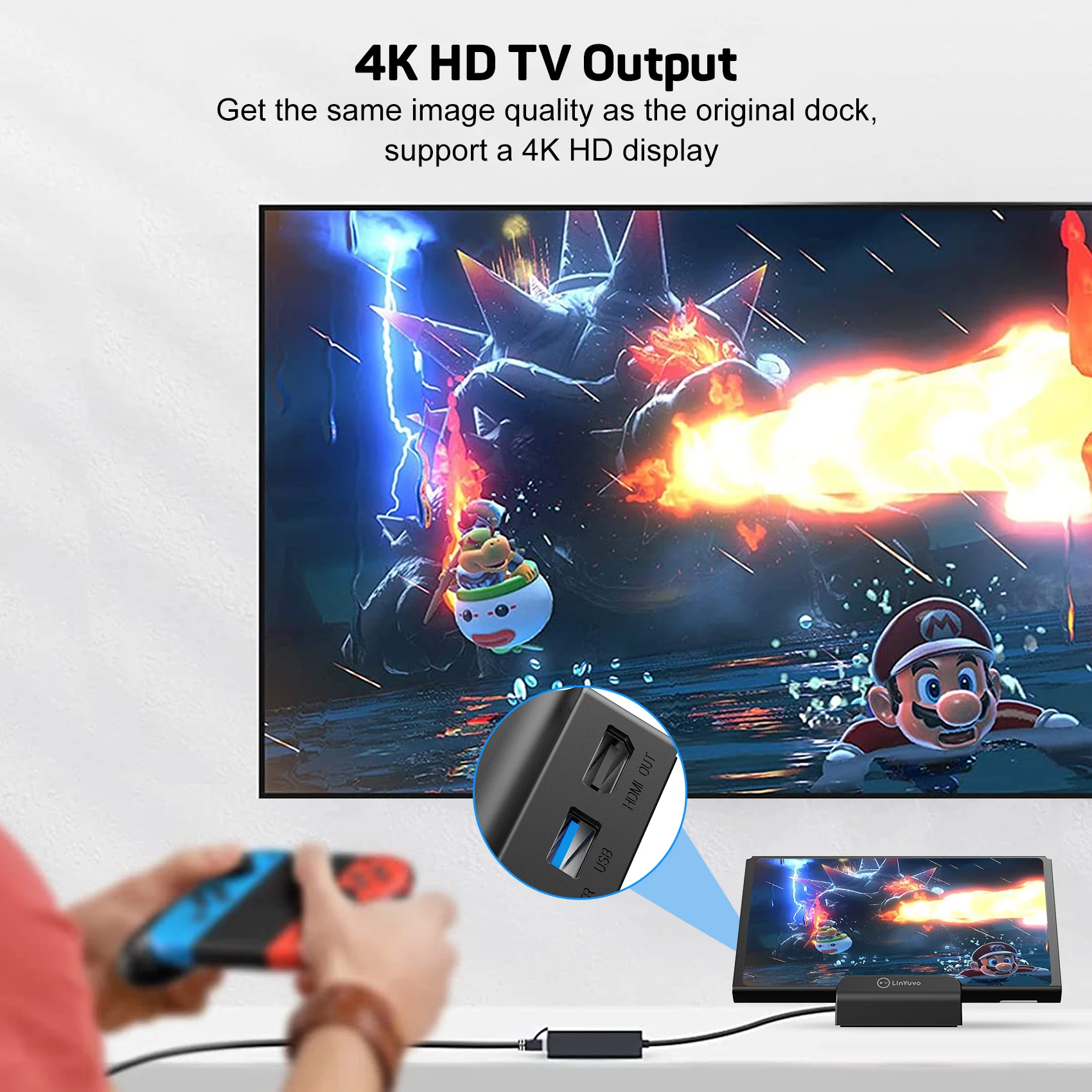 LinYuvo 휴대용 스탠드 TV 프로젝션 충전 도크, 스위치용, 냉각 선풍기 컴팩트, 4K HDMI 어댑터, USB 3.0 포트