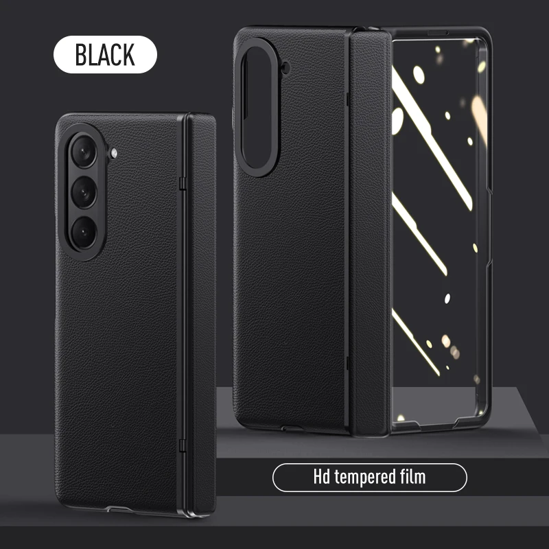 For Samsung Galaxy Z Fold 5 Case Matte Skin-Friendly Leather Folding Hinge With Tempered Film All inclusive Shockproof Hard Case