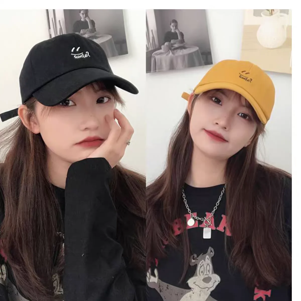 

Versatile Baseball Hat Smiling Face Embroidered Spring and Autumn Duck Tongue Hat Couple Leisure Curved Eaves Hat Trend