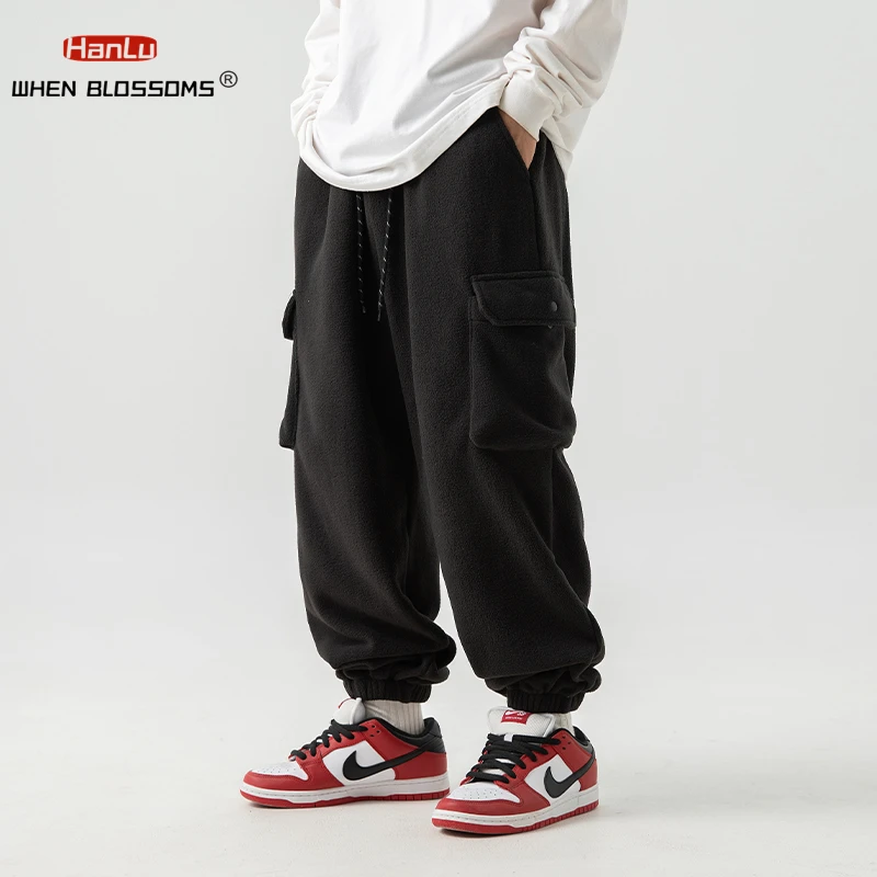 Fleece Pants For Men\'s Autumn Winter 2023 New Large Pocket Design Trousers Joggers Trendy Brand Loose Sports Casual Cargo Pants