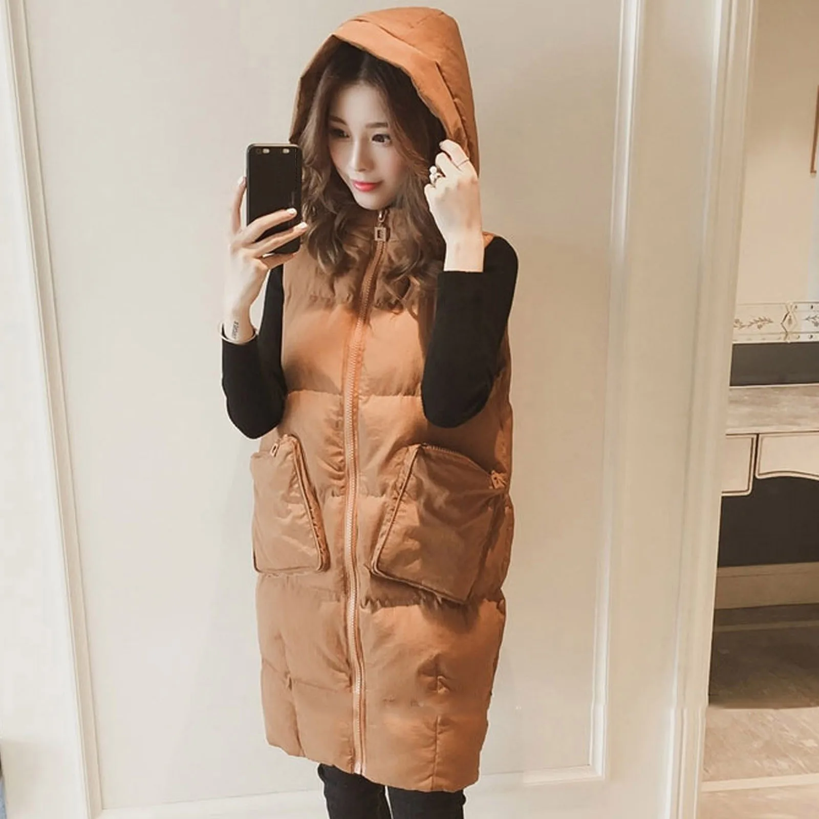 Women's Large Hooded Vest Autumn and Winter Cotton Vest Fashion Warm Puffer Jacket Vest Fashion