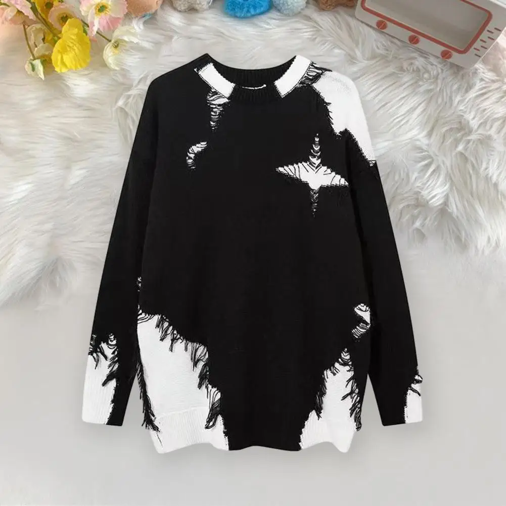 

Women Fall Winter Sweater Ripped Tassel Color Matching Round Neck Knitted Loose Long Sleeve Soft Warm Pullover Lady Sweater