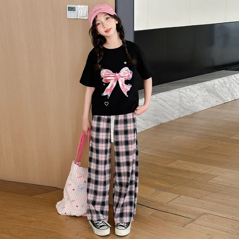 

Children's Girls Summer Short Sleeve Sports Suit Kids Clothing Sets for Girl Bow T-shirt + Plaid Pants 5 6 7 8 10 12 13 14 Years
