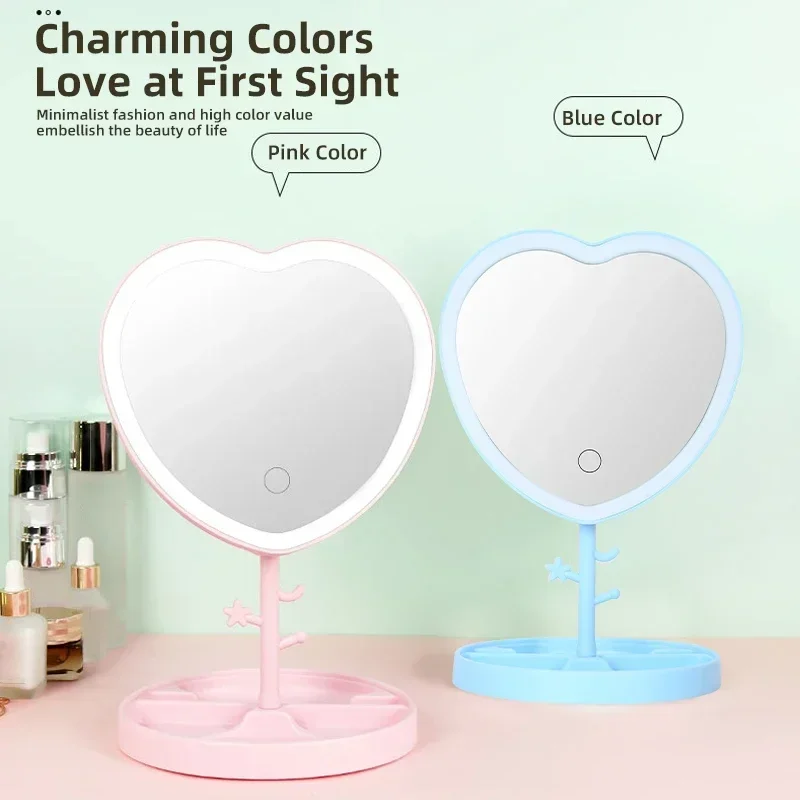 3 Colors Rotating LED Makeup Mirror Love shaped Folding Touch Screen HD Vanity Mirror Stand Cosmetic Girl Holiday Gift