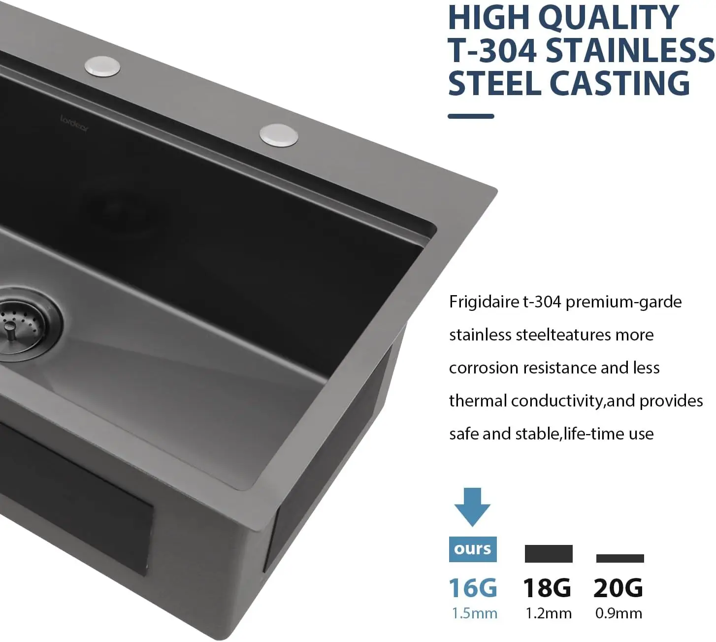 Lordear 33 Inch Black Drop In Kitchen Sink - 33X19 Inch Drop In Top Mount Sink 16 Gauge Stainless Steel Single Bowl Ledge 3