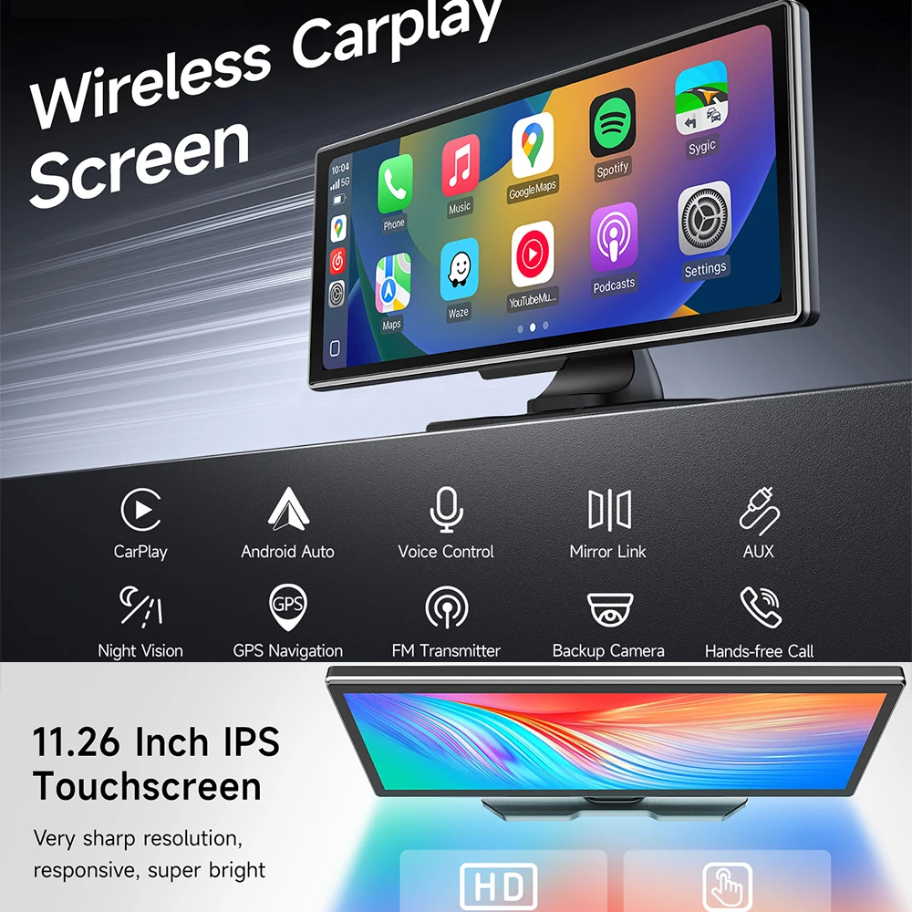 11.26 Inch Portable Wireless CarPlay Screen Multimedia Video player Radio FM Compatible with Android Auto and Apple Carplay