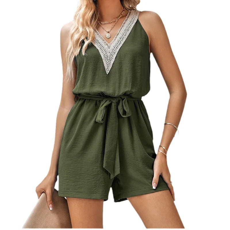 Summer Lady Overalls Women Elegant Fashion Vintage Chic Casual Solid Color V Neck Lace Drawstring Sleeveless Short Jumpsuit jumpsuits for women jumpsuit sexy strapless office lady elegant chic sleeveless fashion wide leg pants casual romper bodysuit