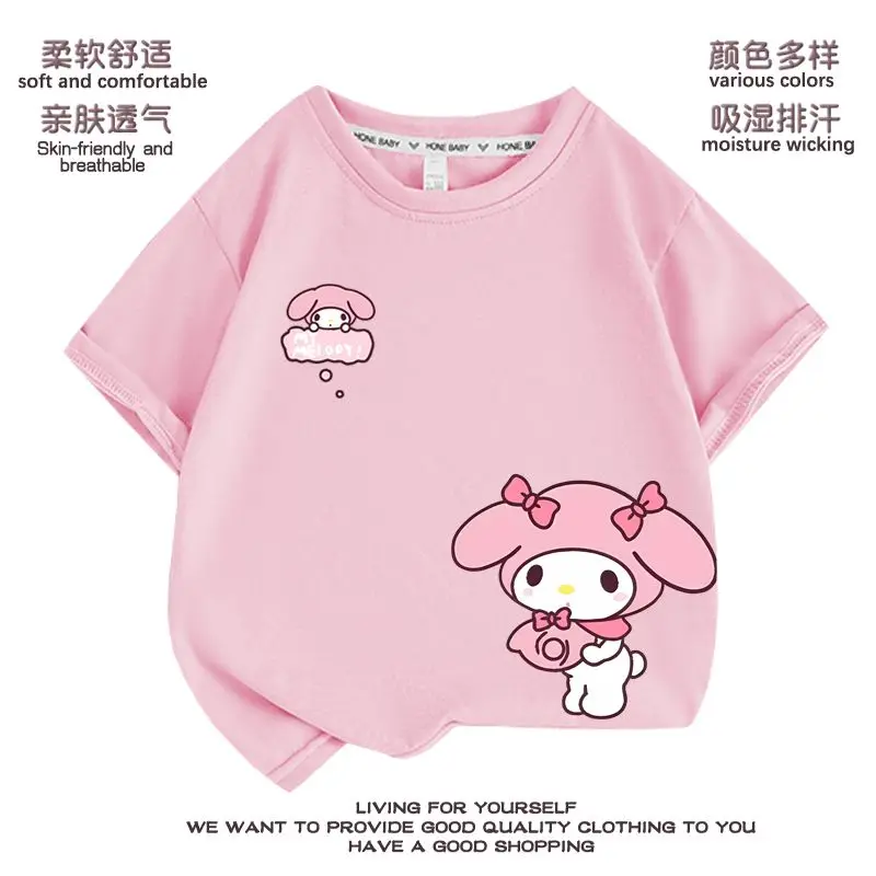 

2024 My Melody T-Shirt Girls Sanrio Kawaii Anime Print Short Sleeve Summer Sweet Cute Half Sleeve Tops Korean Tide Gift for Kids
