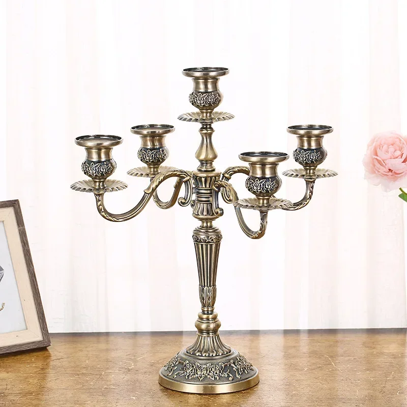 Portacandele A 3 Bracci Vintage In Metallo - Colore Oro Antico - Per Decorazione Matrimoni, Cene, Natale