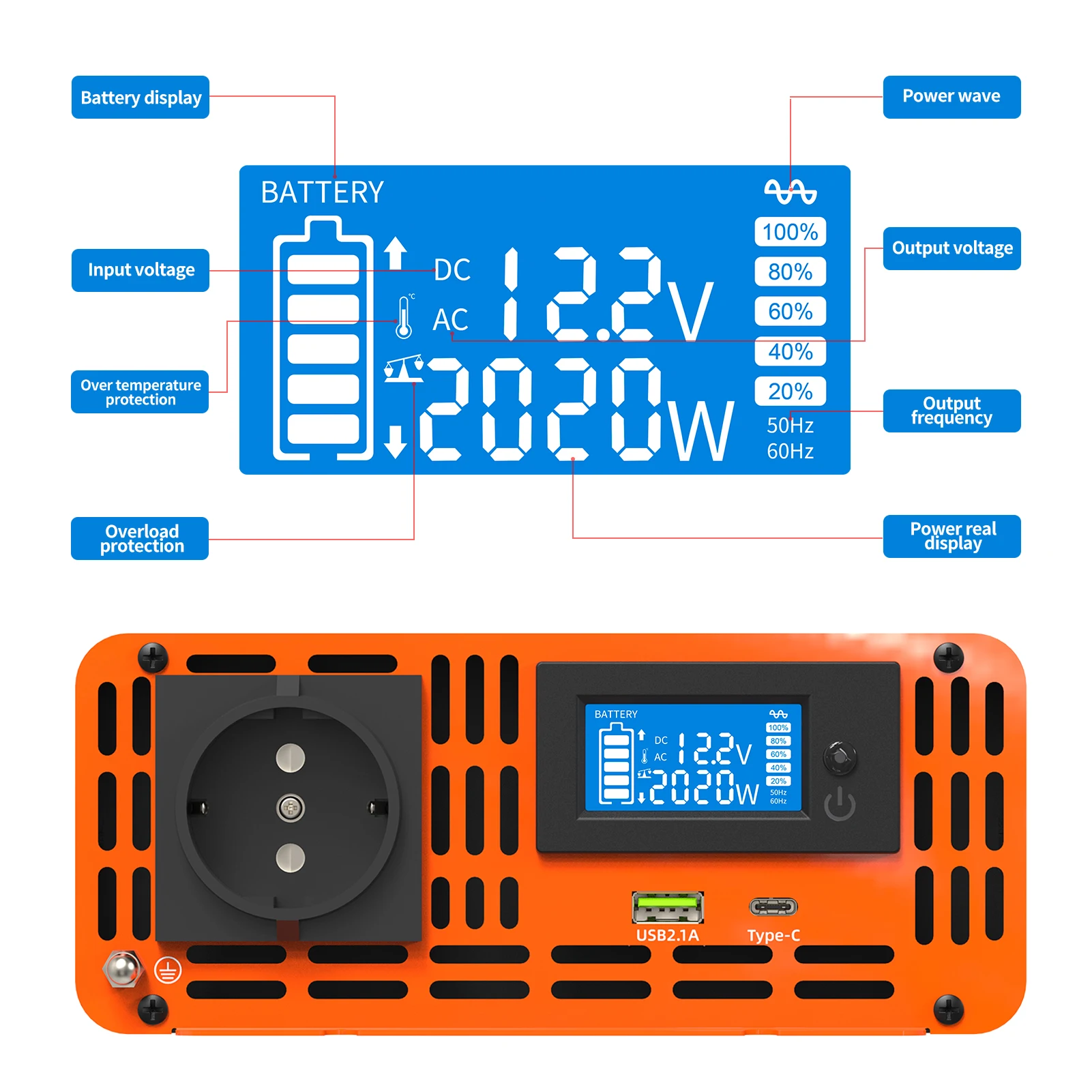 DATOUBOSS 230V 2000W 48V 2 USB Black Reiner Sinus spannungswandler Inverter  LED