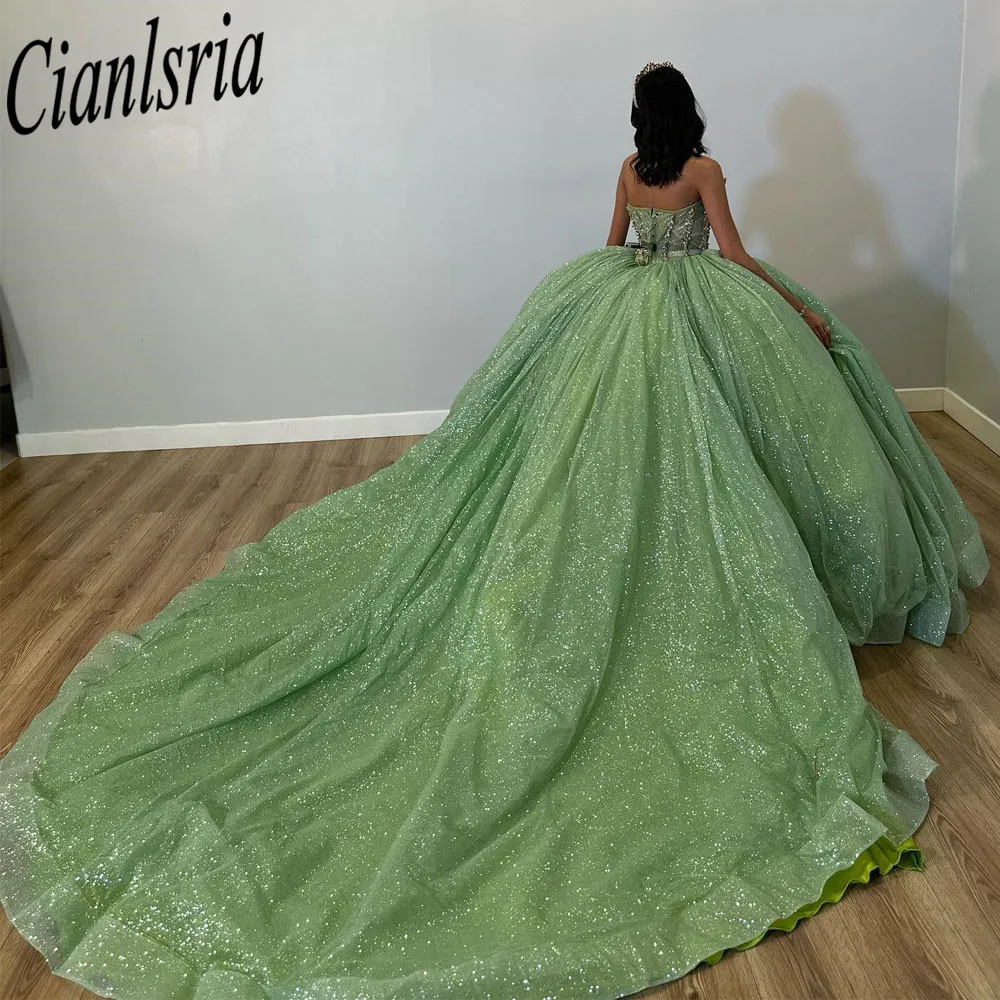 

Мятно-зеленое платье Quinceanera, с аппликацией, длинным шлейфом и цветами, милый наряд для вечеринки в честь Дня Рождения 15-16 лет, на заказ