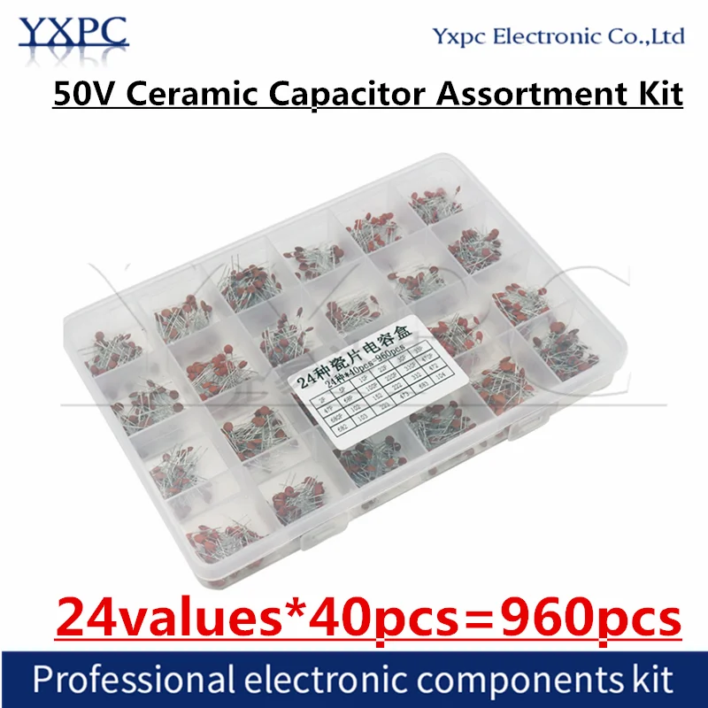 

24values*40pcs=960pcs 50V Ceramic Capacitor Assortment Kit 2PF-0.1UF 2P,5P,10P,15P,22P,30P,33P 102 103 104 223 473 333 1nf 10nf