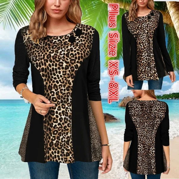 

2022 Women Long Sleeve Leopard Print T-shirt Female Loose Casual Splicing Shirts Summer Autumn Fashion Tops Loose Pullover