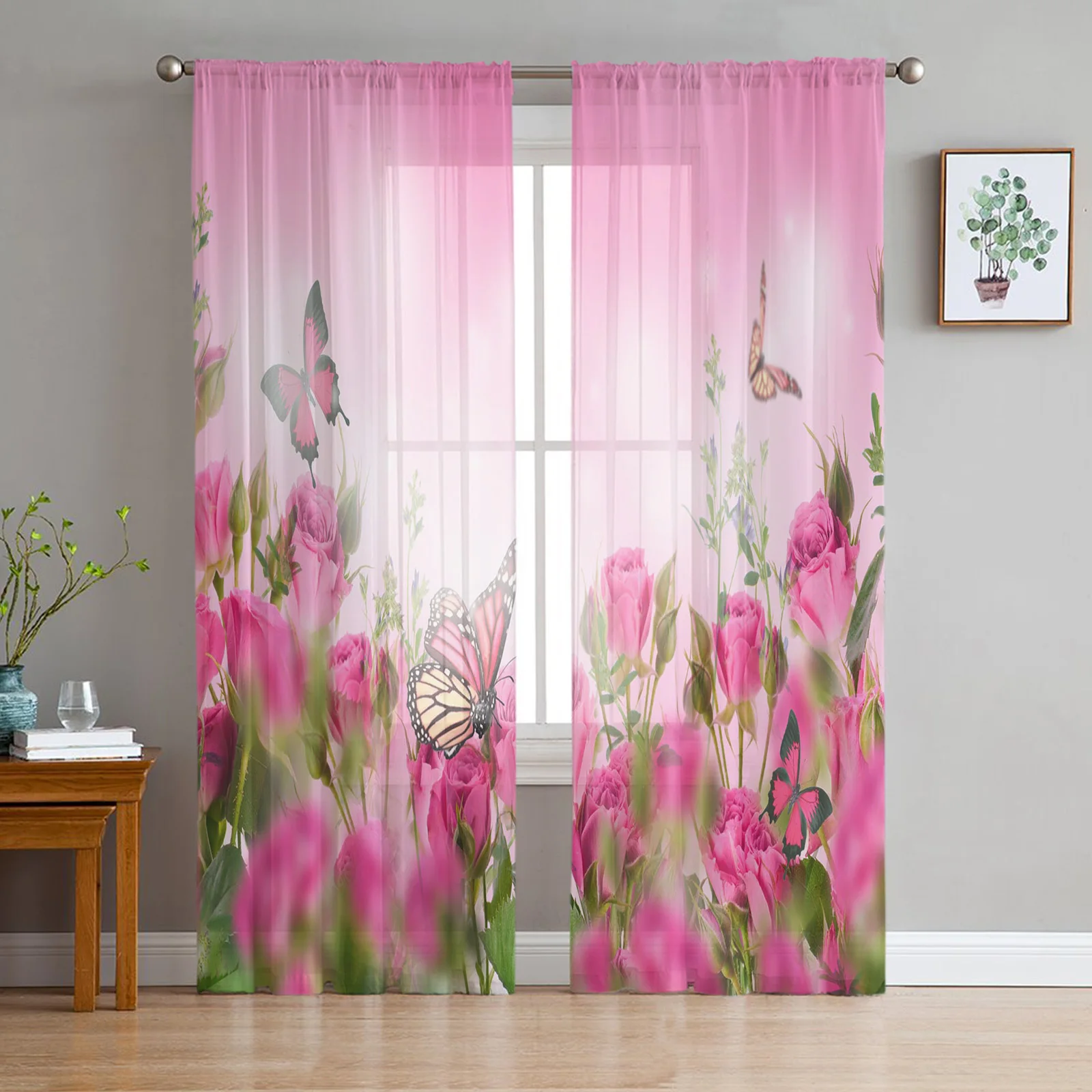 Flowers Butterfly Beautiful Sheer Curtains Tulle for Living Room