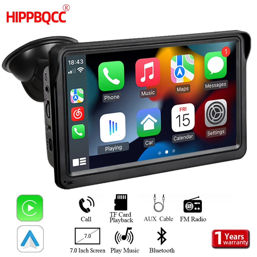 HIPPBQCC 7 pulgadas Radio de coche reproductor de vídeo Multimedia inalámbrico Carplay y inalámbrico Android Auto pantalla táctil Universal portátil 1