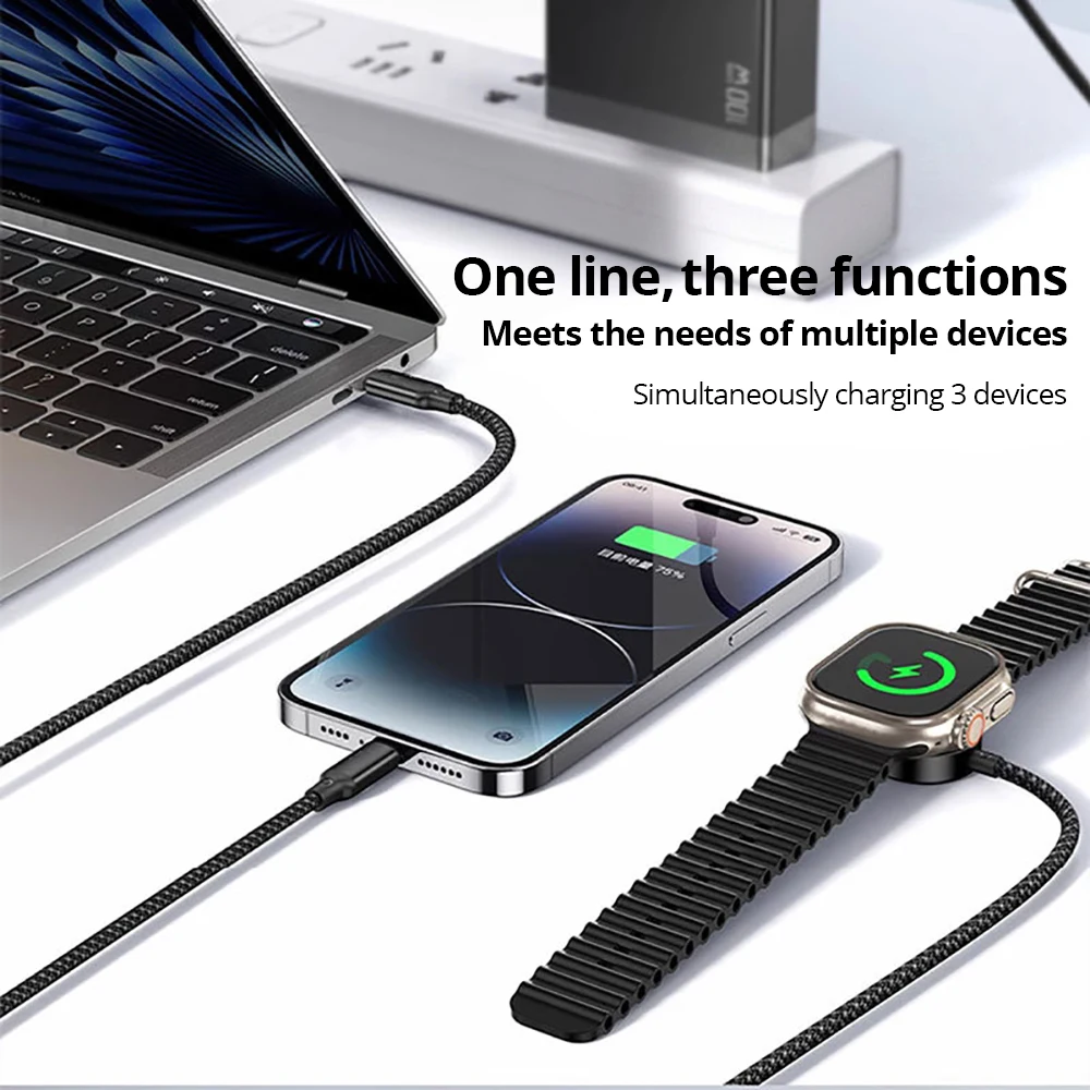 보놀라 3 in 2 USB 타입 C 케이블 아이폰 17/16/15/14/13/12 프로 충전 케이블 USB 타입 C 애플워치 충전 케이블