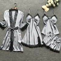 4 Pieces/Set Women's Sexy Lace Pajamas Fashion V-Neck Gown Comfort Pajamas Pajamas Pajamas with Chest Pads Nightdress - Image 5