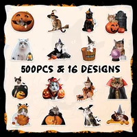 500PCS Halloween Cat Stickers Roll 16 Designs Pumpkin Cat Sticker for Kids Craft Envelope Water Bottle Scrapbook Party Supplie 3