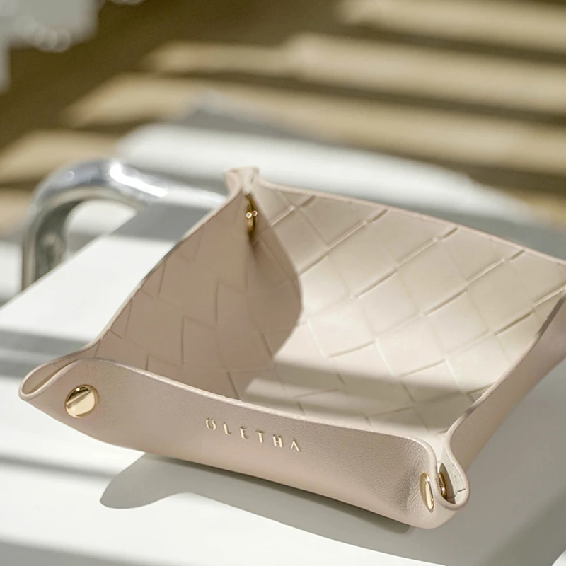 

PU Leather Storage Tray Desktop Storage Box Foldable Woven Jewelry Cosmetic Wallet Sundries Decor Organizer Living Room Keys