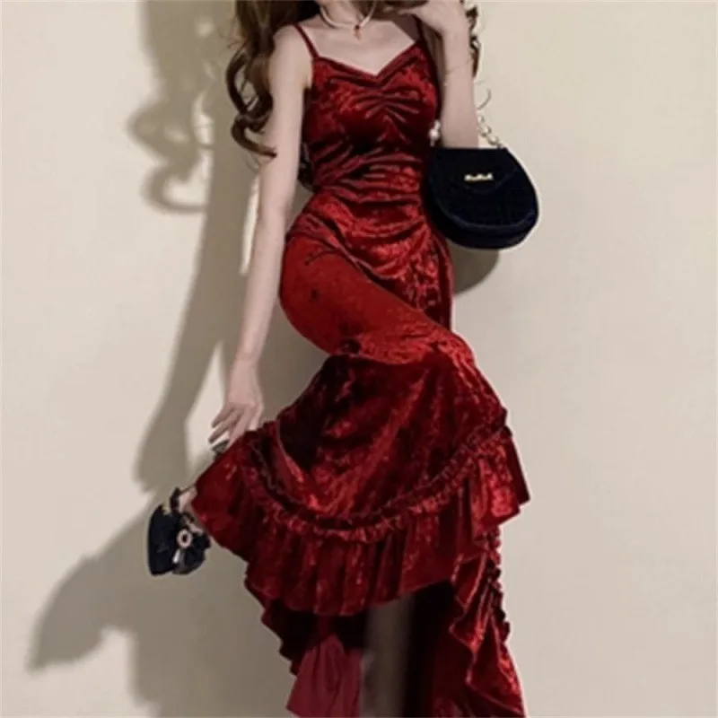 

Long Elegant Fishtail Dress Slim-Fit Sheath Retro Spaghetti Straps Outer Wear Base Fairy