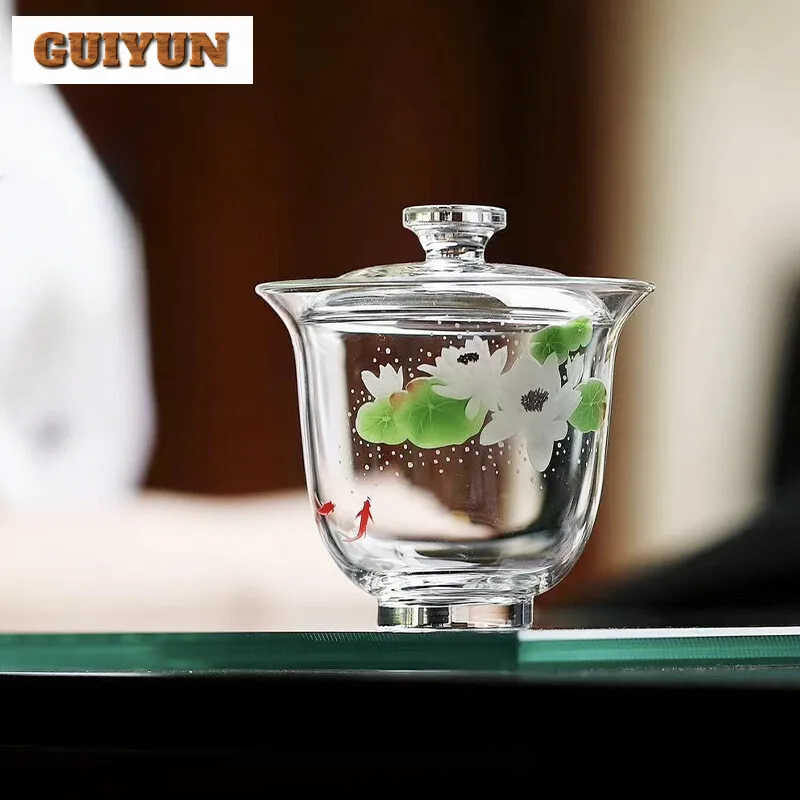 150ml Exquisite Fish Play Glass Gaiwan Boutique Borosilicate Green Tea Special Tea Tureen Making Cover Bowl Supplies Craft