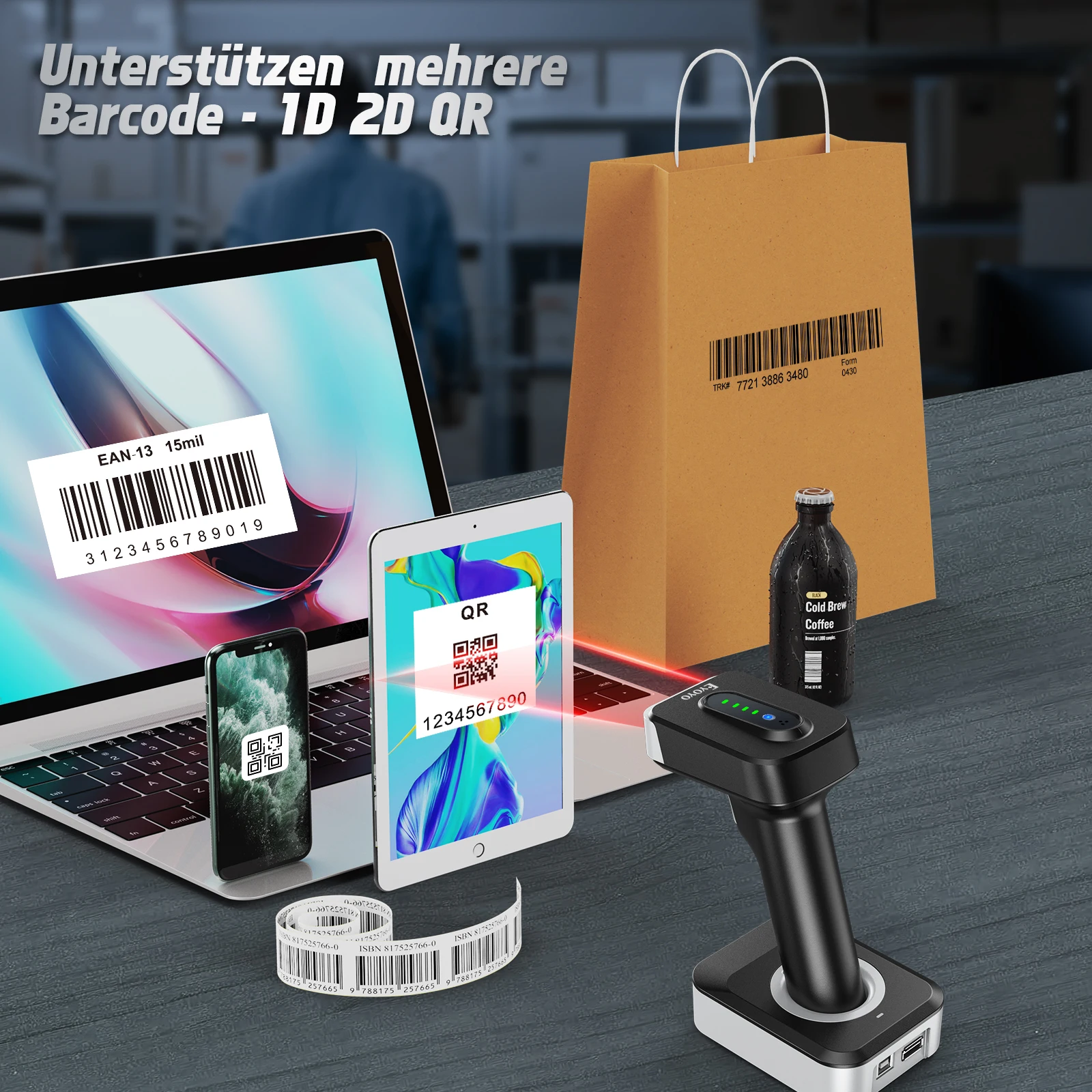 Barcode Scanner Eyoyo EY-029 Silver Handheld Bluetooth Scanner 4-mil 1D/2D Barcode Reader With Battery Base Screen Image Auto-sensing Scanning