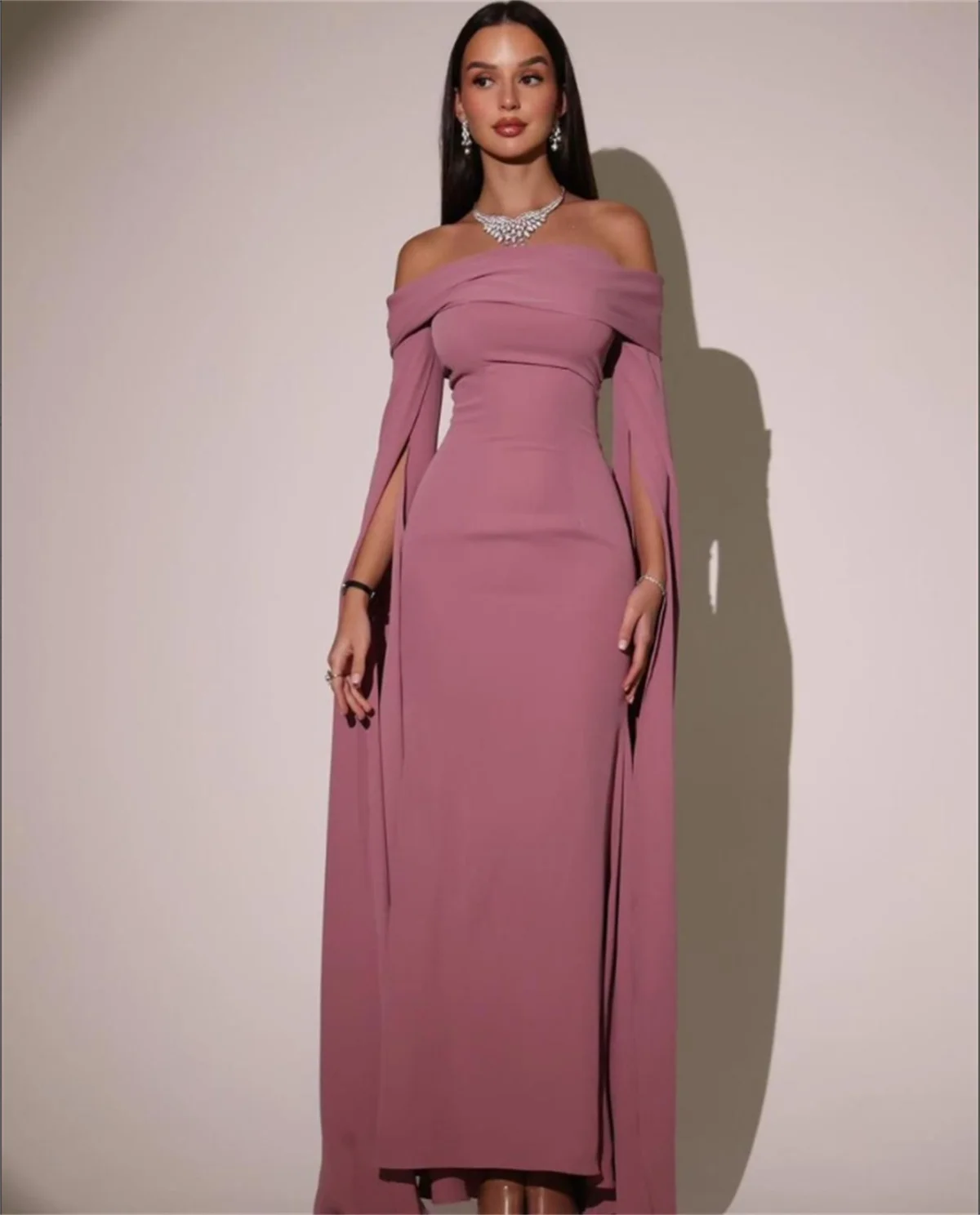 

Simple Pink Evening Dress Boat Neck With Long Cape Sleeves Summer Sexy To Floor Length Elegant Prom Party Dresses Newest 2024