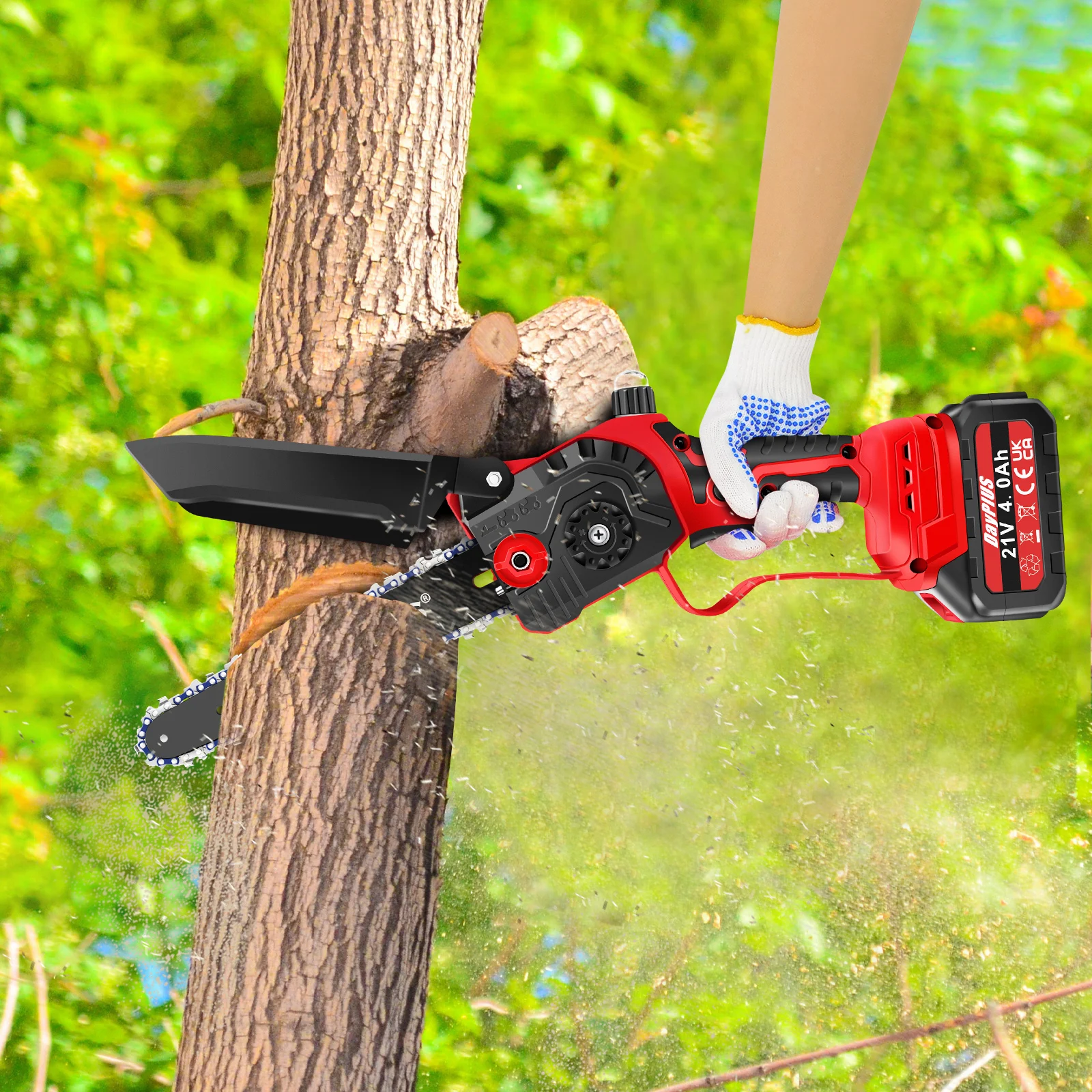 8-Zoll-Akku-Kettensäge mit 1 x 4,0-Ah-Akku und Ladegerät, bürstenloser Motor, Handkettensäge für Gartenarbeiten und Beschneidung, 2 Ketten – Detail 1