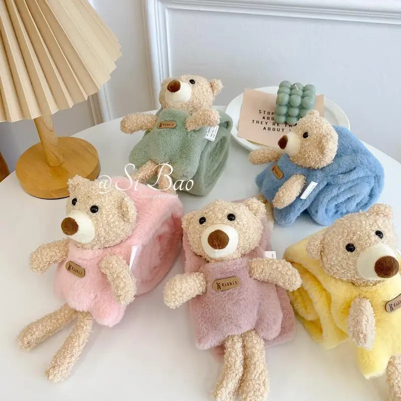 Imitation Rabbit Fur Children Scarf Cute Cartoon Bear Plush Cross Collar Kids Scarf Winter Warm Thicken Boys Girls Scarves