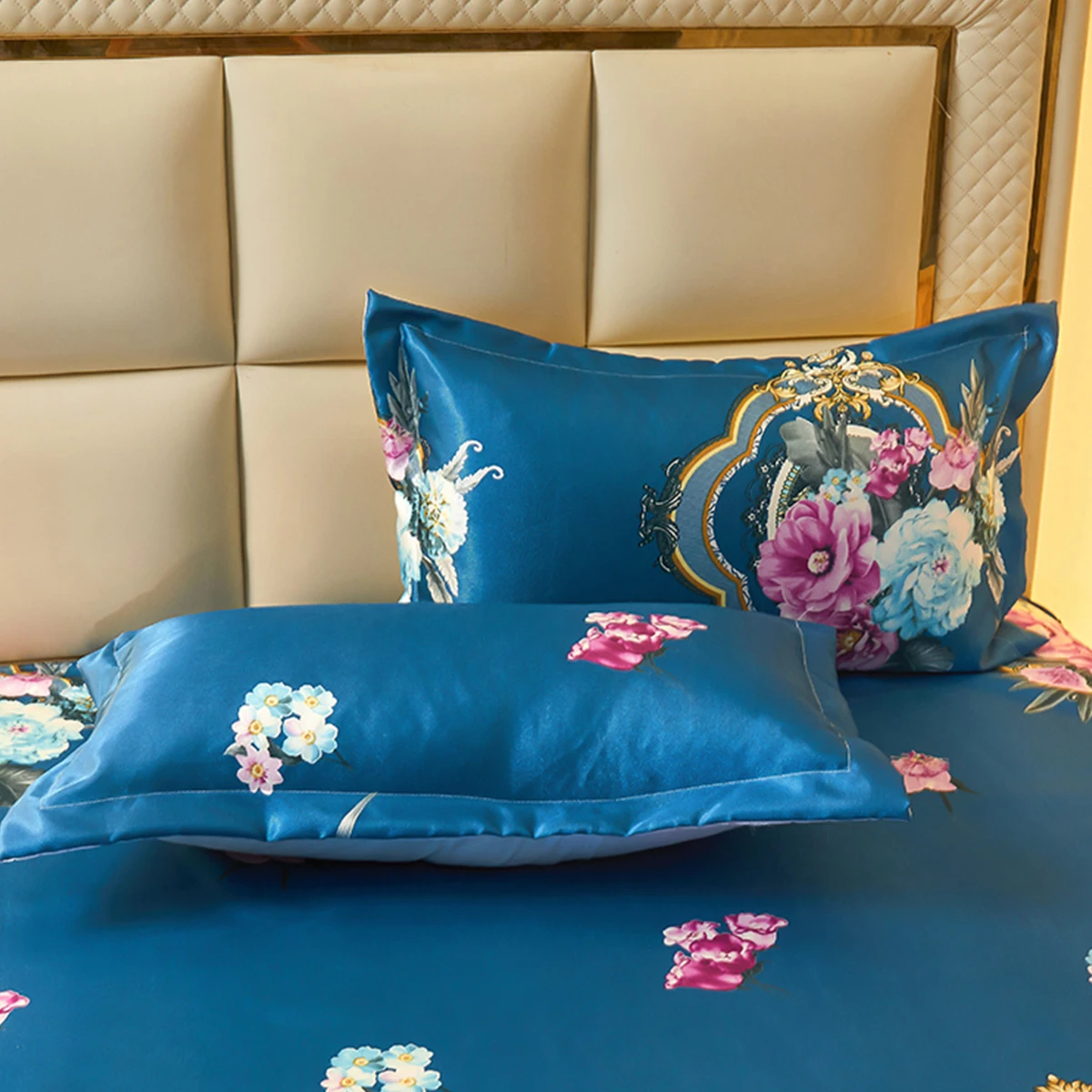 3 Pcs Blue Floral Skirt Bedding Set Garden Aesthetics Flower Rufled Mattress Pad Sheet Set Include Bed Skirt with 2 Pillowcases 3