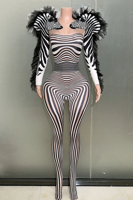 STOCK New Fashion Zebra Pattern Jumpsuit Women Singer Sexy Stage Outfit Bar DS Dance Cosplay Jumpsuit Performance Show Costume