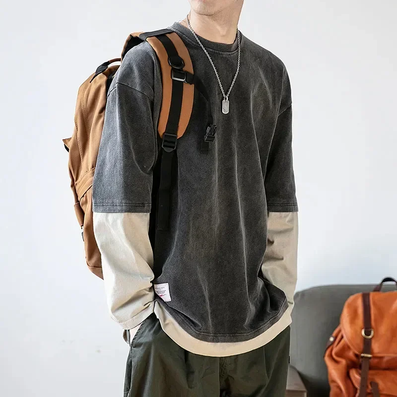 

Japanese Streetwear Fake Two Sweatshirts Fashion Round Neck Loose Pullover Men Clothing Harajuku Top Hip Hop Casual Clothes