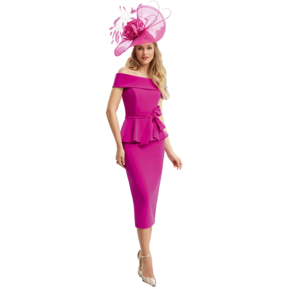 

Fuchsia Off-Shoulder Mother of the Bride Dress with Peplum Waist Detailing Belt Perfect for Special Occasions and Summer Soirees