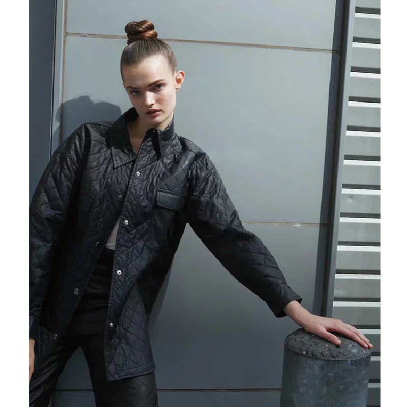 

Women's Clothing Black Jacket Diamond Lattice Single-breasted Windproof Warm Coat Winter Fashion Pocket Leisure Outwear Tops