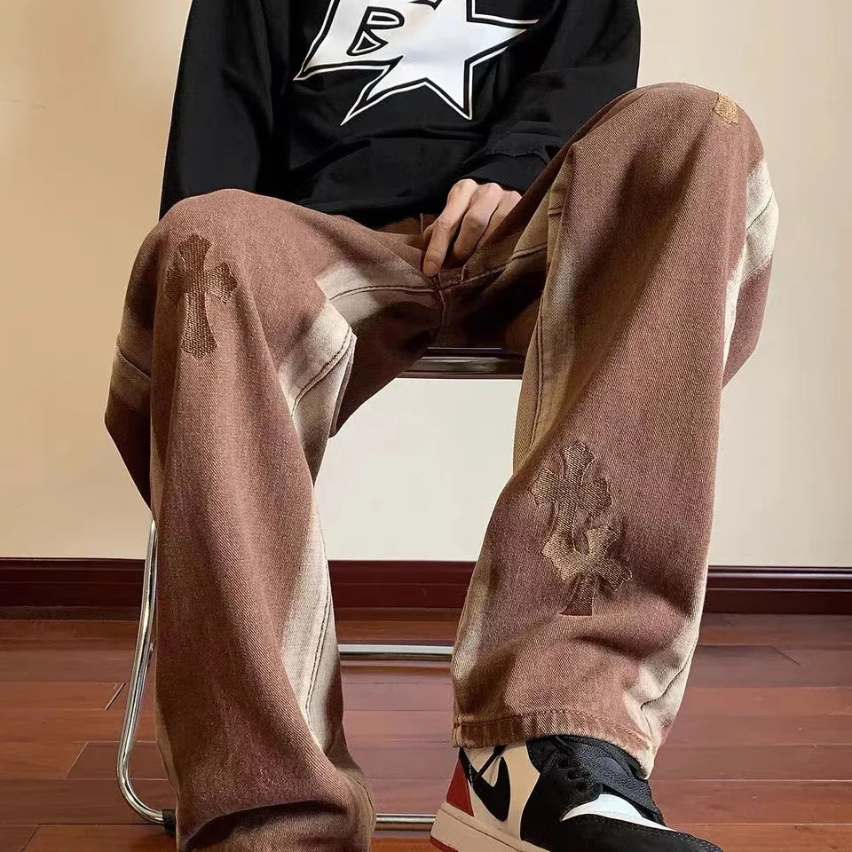 ICCLEK Cross Embroidered Black Brown Jeans Men's Loose Straight Size Pants