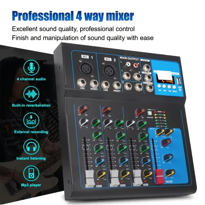 Audio Mixer Professional 4 7 Channels Audio Mixer USB interface BT DJ 48V Sound Mixing Console for Computer MP3 microphone Recording