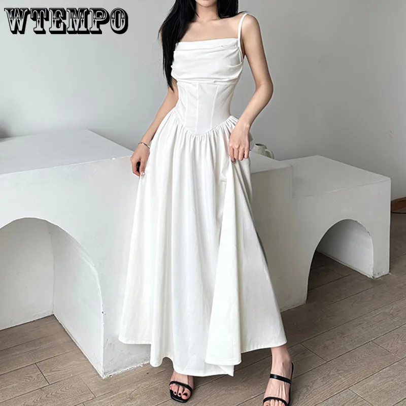 

Hepburn Style High Waist Elegant Solid White Long Dress Summer Fashion Sleeveless Loose A-line Midi Lady Dresses Casual Women