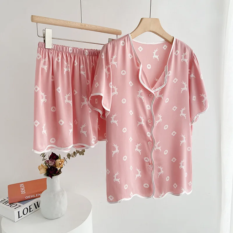 

Satin Soft 2PCS Pajamas Suit Women Summer Loungewear Sleepwear Nightwear Print Home Clothing Pyjamas Intimate Lingerie