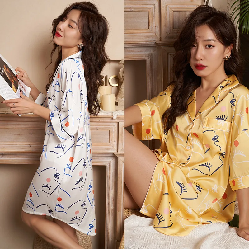 Simulated silk pajamas women's new sexy boyfriend style shirts home clothes mid-length thin loose nightdresses