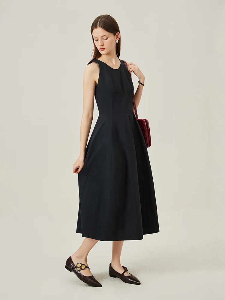 

FSLE Women Summer Sleeveless Dress Cotton Long Temperament A-LINE Skirts Short Puff Sleeve Black Dress 24FS12489+24FS12730
