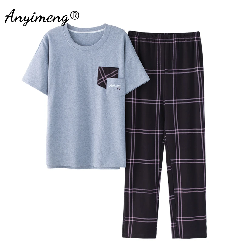 Plus Size Pajamas 3xl 4xl Sleepwear Short Sleeved Long Pants Cotton Homewear Leisure Pyjamas Plaid Pants Men Summer Nightwear cotton pyjama set