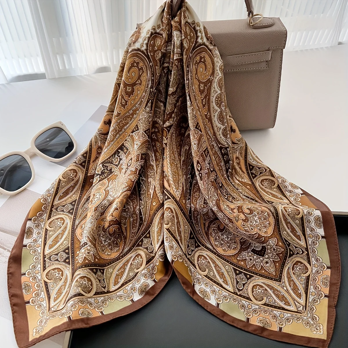 27.56" Paisley Print Small Square Scarf Simulated Silk Thin Neck Scarf Mature Style Sunscreen Headscarf For Women 5