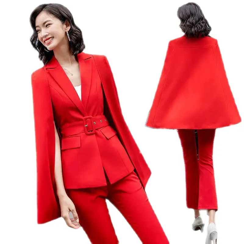 

Korean High Quality Spring Autumn Women's Poncho Cape Elegant Cloak Blazer Outwear Pants Casual Office Lady Fashion 2 Pcs Set