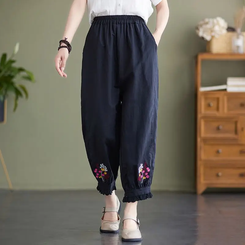 Spring and Summer Women's 2024 Spliced High Waist Elastic Pocket Solid Chinese Style Cotton and Hemp Embroidered Halen Pants
