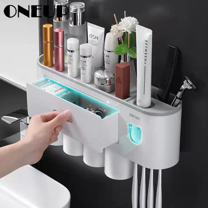 Magnetic Wall Mount Toothbrush Holder Rack With Toothpaste Dispenser Squeezer ~ 