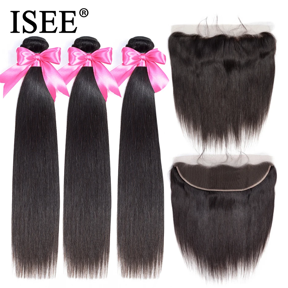 ISEE HAIR Straight Human Hair Bundles With Frontal 13*4 PrePlucked Lace Frontal Remy Peruvian Straight Hair Bundles With Closure
